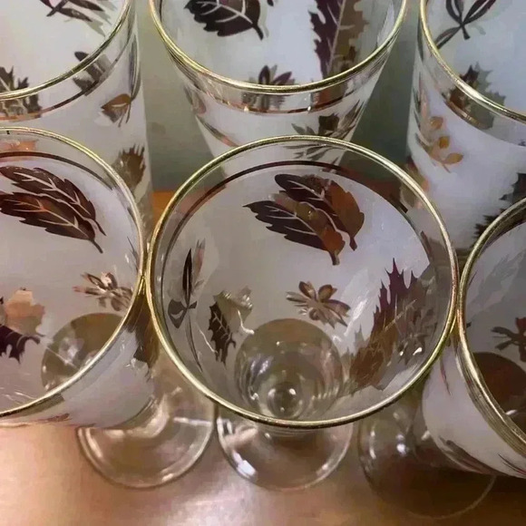 SET of 7 Libbey  Flute stem Beer glasses Frosted gold leaf 8.25" x 2.75" - Picture 11 of 16